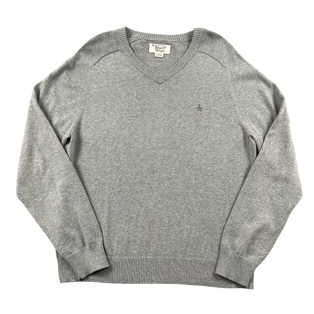 Original Penguin Sweater Mens XL Grey 100% Cotton VNeck Pullover